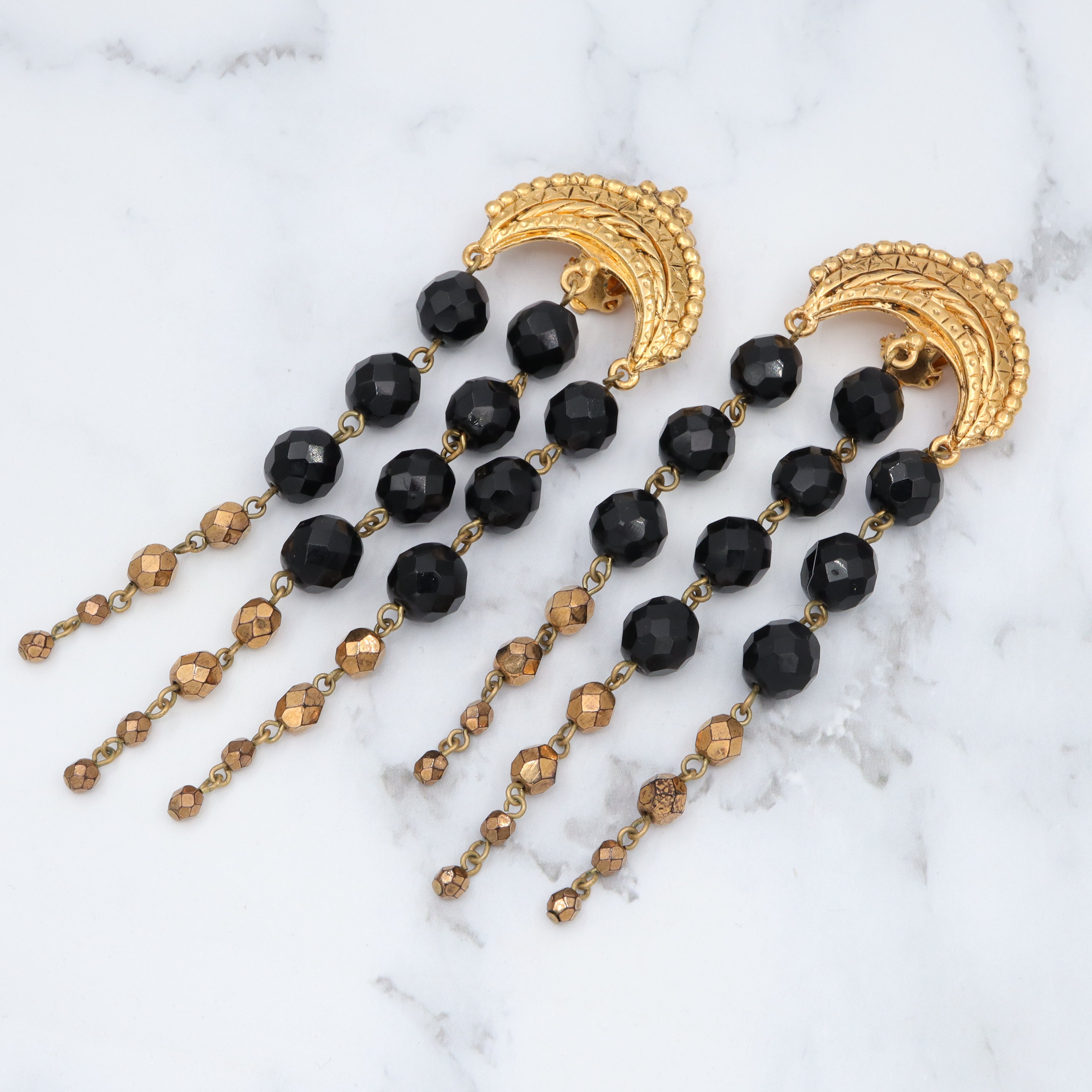 Impressive Scorpios of Paris 80’s gold-plated crescent chandelier clip on earrings